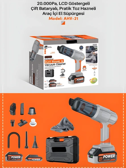20000Pa Güçlü Emişli Çift Bataryalı Dijital Göstergeli Kablosuz Vakumlu Üflemeli Araç Süpürgesi - Resim 8