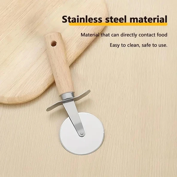 MyBru Paslanmaz Çelik Ahşap Saplı Pizza ve Hamur Kesici (Büyük Boy) - Resim 4