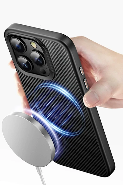 iPhone 14 Pro Dart Karbon Magsafe Kapak - Siyah - Resim 3