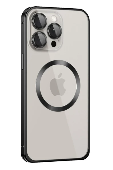 iPhone 15 Pro Max Kılıf Metal Bumper Magneticsafe Kapak - Siyah ürün görseli 1