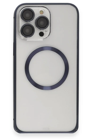 iPhone 15 Pro Max Kılıf Metal Bumper Magneticsafe Kapak - Lacivert - Resim 2