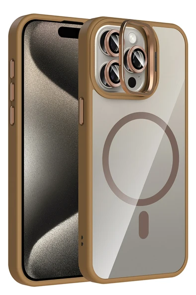 Apple iPhone 14 Pro Max Remim Lensli Magsafe Standlı Kapak - Kahverengi ürün görseli 1