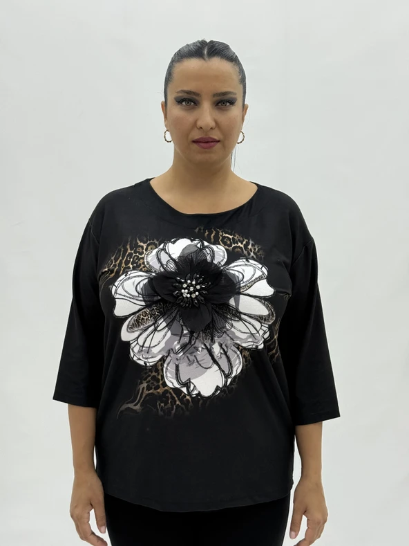Büyük Beden Çiçek Fiyonklu Kapri Kol Pamuklu Kışlık Kadın Bluz - Resim 2