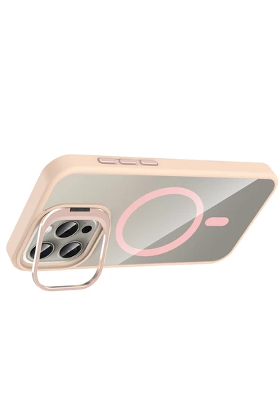 Apple iPhone 14 Pro Max Remim Lensli Magsafe Standlı Kapak - Pembe - Resim 3