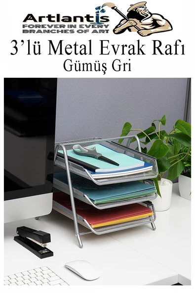 Evrak Rafı Metal 3 lü Lila 1 Paket Masaüstü A4 Dosya Düzenleyici Kağıt Tepsisi Metal Çelik Fileli Dört Katlı Hareketli - 3