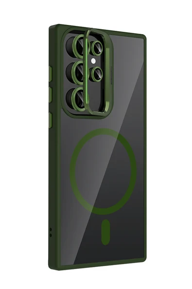 Samsung Galaxy S25 Ultra Remim Lensli Magsafe Standlı Kapak - Koyu Yeşil - Resim 3