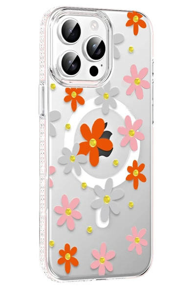 Apple iPhone 15 Pro Floral Magsafe Kapak - Turuncu - Resim 6