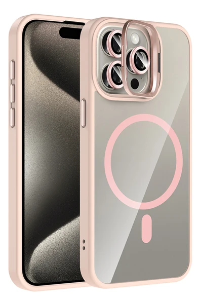 Apple iPhone 14 Pro Max Remim Lensli Magsafe Standlı Kapak - Pembe - Resim 4