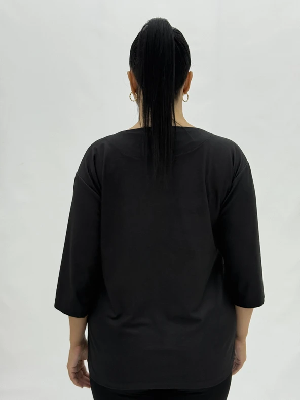 Büyük Beden Çiçek Fiyonklu Kapri Kol Pamuklu Kışlık Kadın Bluz - Resim 3