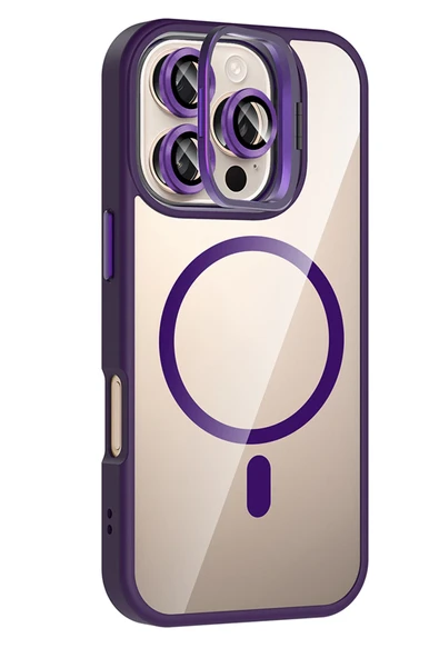 Apple iPhone 16 Pro Max Remim Lensli Magsafe Standlı Kapak - Derin Mor - Resim 6