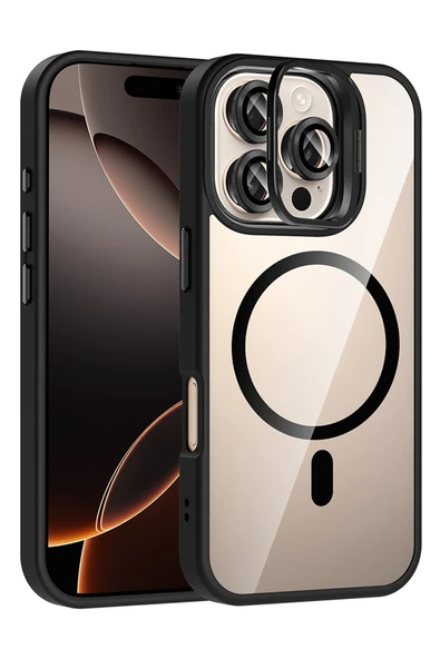 Apple iPhone 16 Pro Max Remim Lensli Magsafe Standlı Kapak - Siyah ürün görseli 1