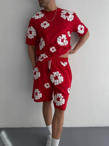 İki İplik Kumaş Baskılı T-shirt Şortlu Takım- Kırmızı - Resim 4