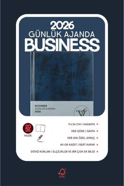 Victoria's Journals Business 2026 Günlük Ajanda 17x24cm Sert Kapak Ivory 80gr. Ayraçlı Lacivert - Resim 4