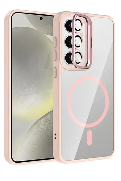 Samsung Galaxy S24 FE Remim Lensli Magsafe Standlı Kapak - Pembe - Resim 5