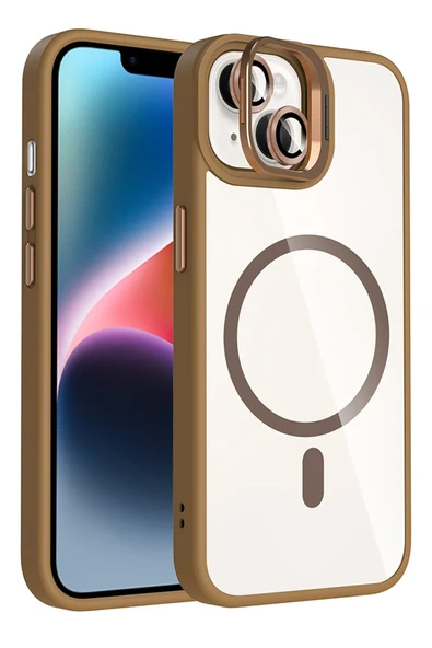 Apple iPhone 13 Remim Lensli Magsafe Standlı Kapak - Kahverengi - Resim 4