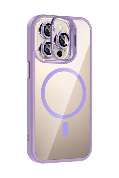 Apple iPhone 14 Pro Max Remim Lensli Magsafe Standlı Kapak - Lila - Resim 2