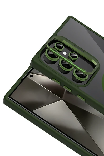 Samsung Galaxy S25 Ultra Remim Lensli Magsafe Standlı Kapak - Koyu Yeşil - Resim 2