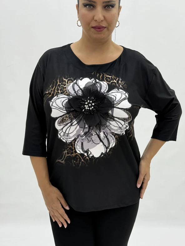 Büyük Beden Çiçek Fiyonklu Kapri Kol Pamuklu Kışlık Kadın Bluz ürün görseli