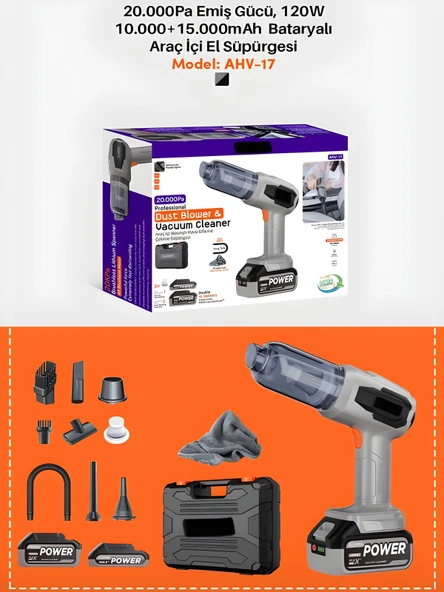 20000Pa 120w Güçlü Emişli Çift Bataryalı Kablosuz Vakumlu Üflemeli Mini Araç Süpürgesi - Resim 7