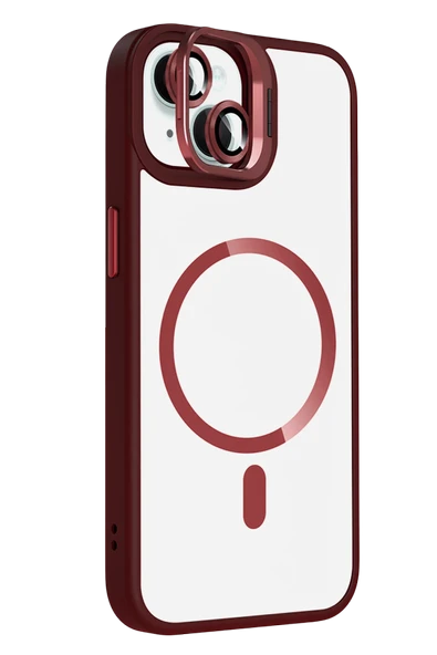 Apple iPhone 13 Remim Lensli Magsafe Standlı Kapak - Bordo - Resim 2