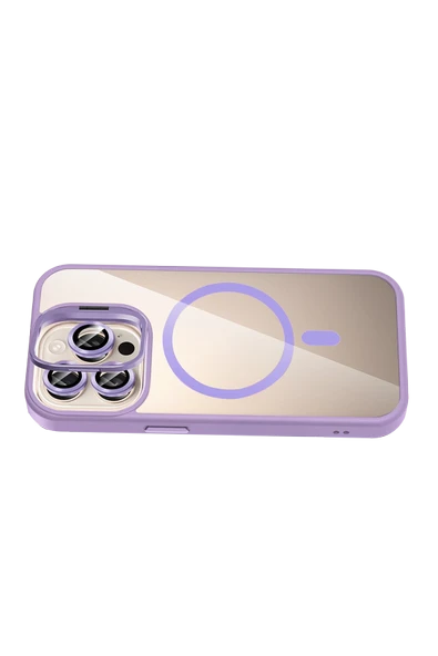 Apple iPhone 14 Pro Max Remim Lensli Magsafe Standlı Kapak - Lila - Resim 4