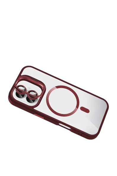 Apple iPhone 16 Remim Lensli Magsafe Standlı Kapak - Bordo - Resim 3