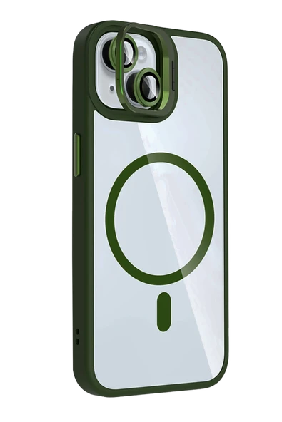 Apple iPhone 13 Remim Lensli Magsafe Standlı Kapak - Koyu Yeşil - Resim 2