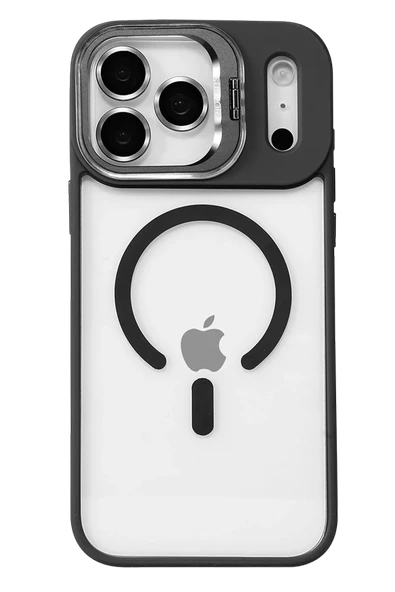 Apple iPhone 17 Pro Max Remim Lensli Magsafe Standlı Kapak - Siyah - Resim 2