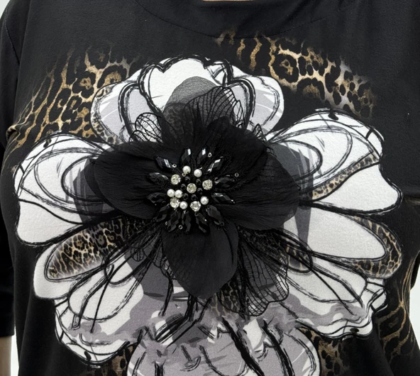 Büyük Beden Çiçek Fiyonklu Kapri Kol Pamuklu Kışlık Kadın Bluz - Resim 4