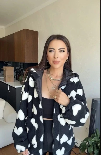 BİÇOMİ Kalpli peluş ceket içi astarlı siyahbeyaz - Resim 3