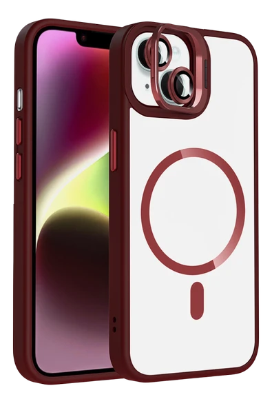 Apple iPhone 13 Remim Lensli Magsafe Standlı Kapak - Bordo ürün görseli 1