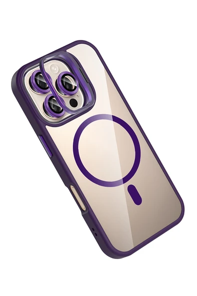 Apple iPhone 16 Pro Max Remim Lensli Magsafe Standlı Kapak - Derin Mor - Resim 3
