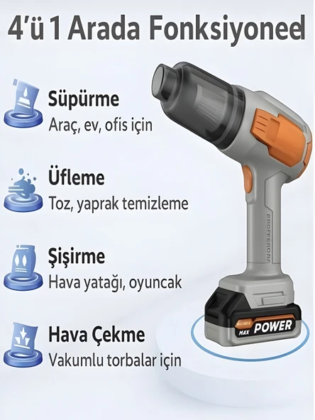 20000Pa 120w Güçlü Emişli Çift Bataryalı Kablosuz Vakumlu Üflemeli Mini Araç Süpürgesi - Resim 6