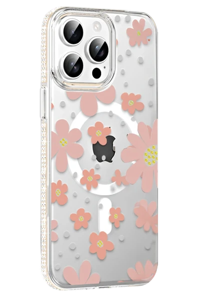 Apple iPhone 14 Pro Max Floral Magsafe Kapak - Pembe - Resim 6