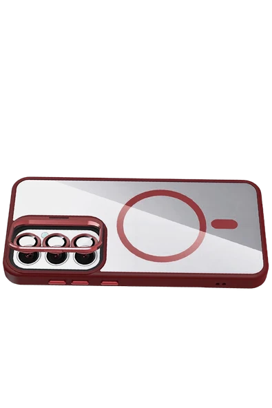 Samsung Galaxy S25 Remim Lensli Magsafe Standlı Kapak - Bordo - Resim 3