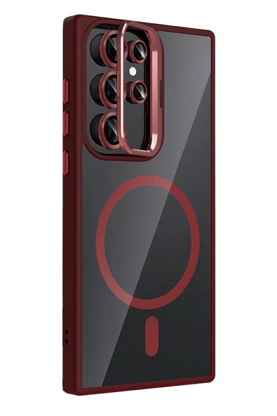 Samsung Galaxy S25 Ultra Remim Lensli Magsafe Standlı Kapak - Bordo - Resim 2