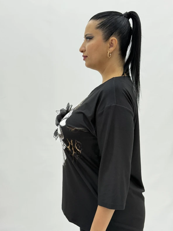 Büyük Beden Çiçek Fiyonklu Kapri Kol Pamuklu Kışlık Kadın Bluz - Resim 5