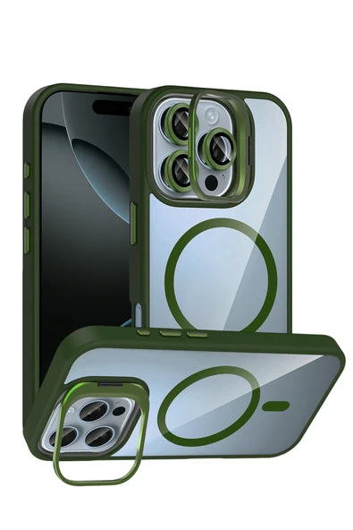 Apple iPhone 16 Pro Max Remim Lensli Magsafe Standlı Kapak - Koyu Yeşil - Resim 2
