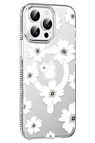 Apple iPhone 15 Pro Max Floral Magsafe Kapak - Beyaz - Resim 6