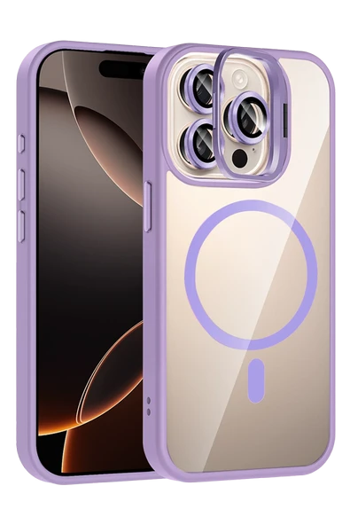 Apple iPhone 14 Pro Max Remim Lensli Magsafe Standlı Kapak - Lila ürün görseli 1