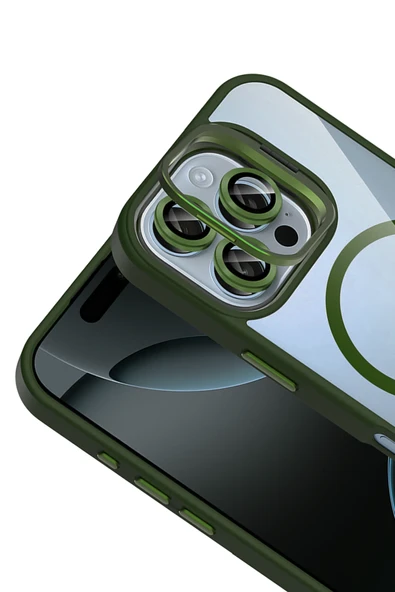Apple iPhone 16 Pro Max Remim Lensli Magsafe Standlı Kapak - Koyu Yeşil - Resim 3