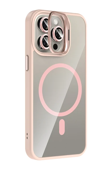 Apple iPhone 14 Pro Max Remim Lensli Magsafe Standlı Kapak - Pembe - Resim 5