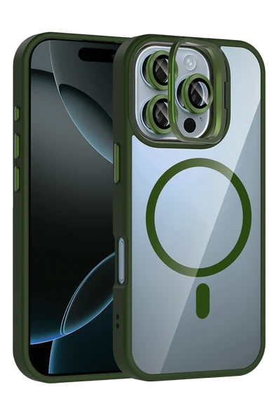Apple iPhone 16 Pro Max Remim Lensli Magsafe Standlı Kapak - Koyu Yeşil ürün görseli 1