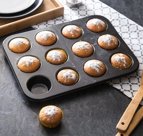 12 Bölmeli Metal Yapışmaz Muffin Kek Kalıbı - Resim 3