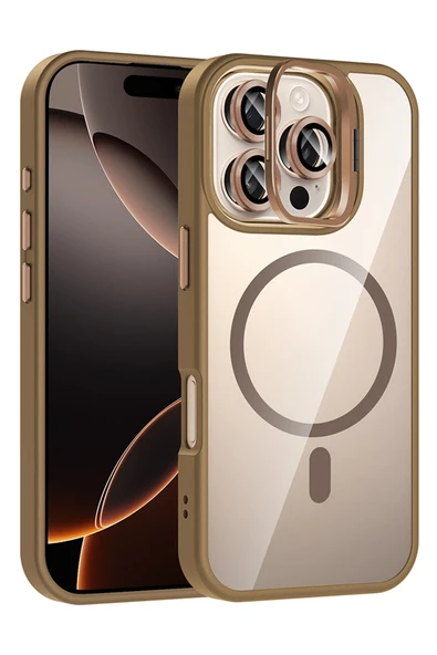 Apple iPhone 16 Pro Remim Lensli Magsafe Standlı Kapak - Kahverengi ürün görseli 1