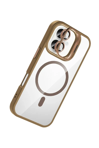 Apple iPhone 16 Remim Lensli Magsafe Standlı Kapak - Kahverengi - Resim 2