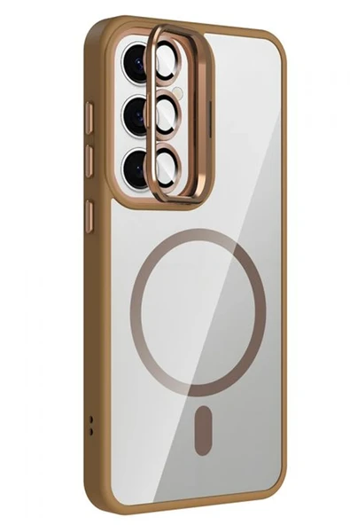 Samsung Galaxy S25 Remim Lensli Magsafe Standlı Kapak - Kahverengi - Resim 3