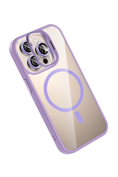 Apple iPhone 14 Pro Max Remim Lensli Magsafe Standlı Kapak - Lila - Resim 3