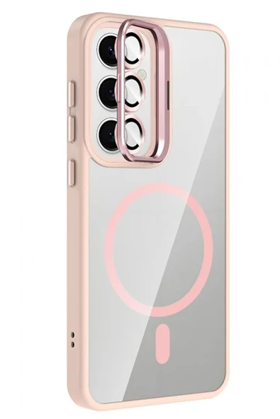 Samsung Galaxy S24 FE Remim Lensli Magsafe Standlı Kapak - Pembe - Resim 3