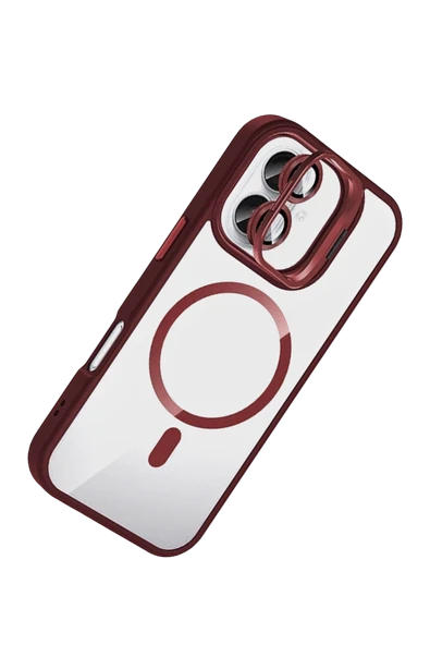 Apple iPhone 16 Remim Lensli Magsafe Standlı Kapak - Bordo - Resim 2